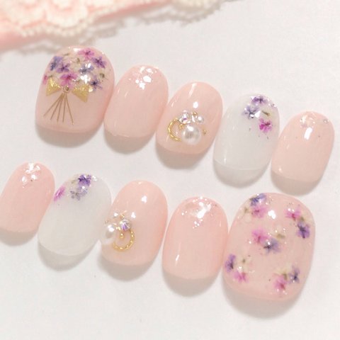 押し花ネイル  /ネイル ネイルチップ 春 夏 秋 冬 結婚式 ウェディング ブライダル 入学式 卒業式 成人式 お呼ばれ ご褒美 押し花 ドライフラワー シェル ピンク ナチュラル 花 フラワー