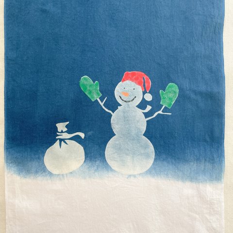 送料無料　" Oh! I love Christmas "1　訳あり　藍染め手ぬぐい 雪だるま　スノーマン　型摺り染 プレゼント
