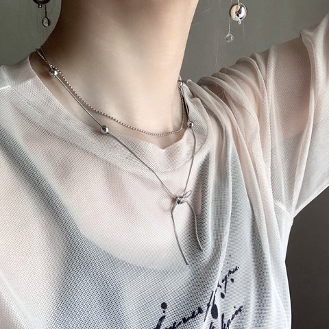 【ribbon necklace】/ステンレス リボンとボールチェーンのシルバーネックレス