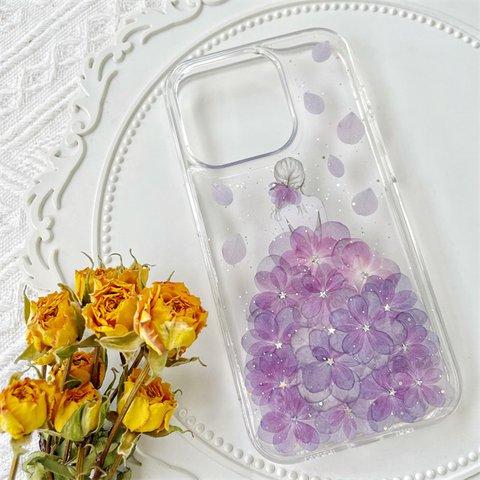 紫陽花押し花スマホケース、全機種対応、ストラップホルダ一、iFace風、手帳型、iPhone14、iPhone14Pro、iPhone14plus、iPhone13、iPhone12