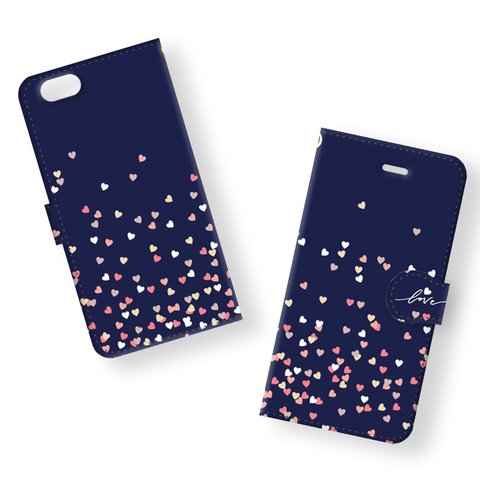 【特集掲載】手帳型  Heartful＊navy 　ハート iPhone13 12 Max XS X 8 8Plus 7 7Plus SE Xperia Galaxy ARROWS 多様機種対応