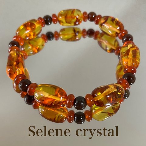 琥珀　花アンバー　ブレスレット　瑪瑙　おすすめ　人気　天然石ブレスレット　Selene crystal