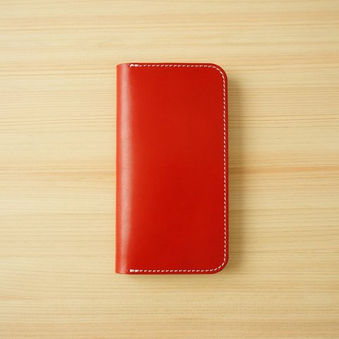 牛革 iPhone15 / 15 Pro カバー  ヌメ革  レザーケース  手帳型  レッドカラー 