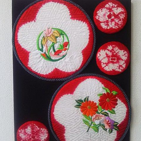 刺繍の菖蒲と菊と桔梗  壁掛け 