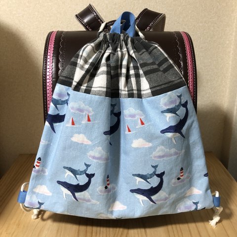 【最新作】空飛ぶクジラ　水色　体操服入れ　お着替え入れ　ハンドメイド