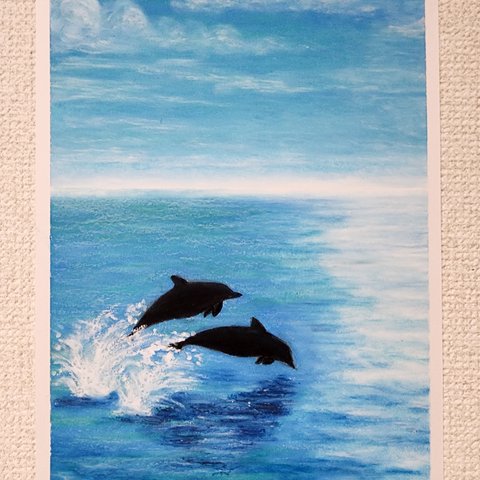 パステル画　イルカ　風景画　アート　動物画　海の絵