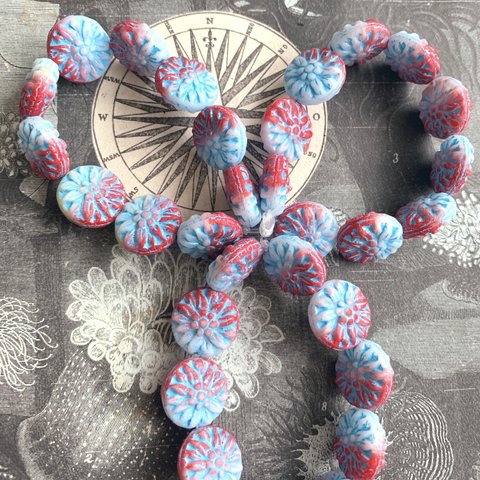 【4コセット】JIRI＊IVANA#czech beads#チェコビーズDahlia15㎜ mix red＊white/blue beeb