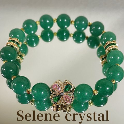 グリーン瑪瑙　四葉クローバー　ブレスレット　かわいい　おすすめ　天然石ブレスレット　Selene crystal