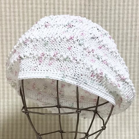 サマー🌻セール🌟さらさら♪ドロップコットン🌿で編んだ鹿の子ボーダーの涼しげなホワイトベレー帽/ピンクミックスcol.501/再販