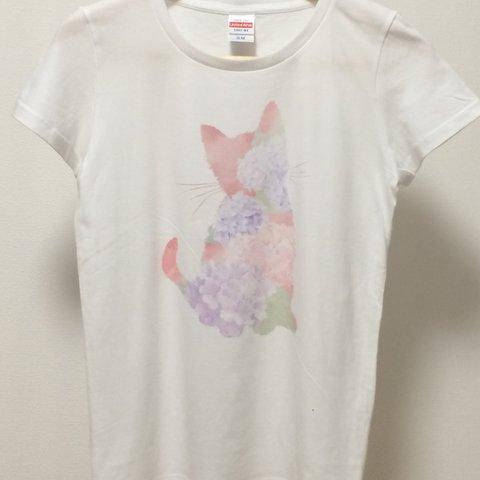 可愛い子猫と紫陽花Ｔシャツ　ピンク　受注制作