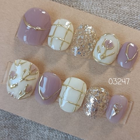 現品販売　ネイルチップ　ニュアンスネイル　淡色ネイル　パステルカラー　パープル　紫　ゴールド　花柄　フラワー　ミラー