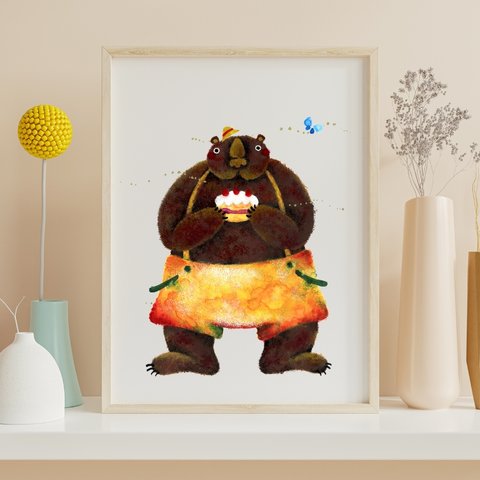 【デジタル商品】手描きイラスト＜熊さんとケーキ＞日本水彩画