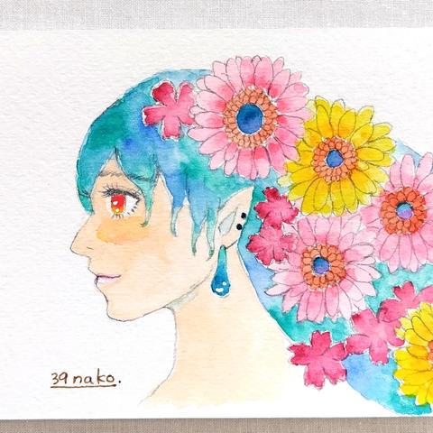 人物と花　イラスト原画