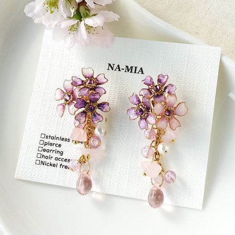violet《 紫 》  春の花 桜 天然石（ローズクォーツ） 2way ピアス( サージカルステンレス ) 【受注制作】
