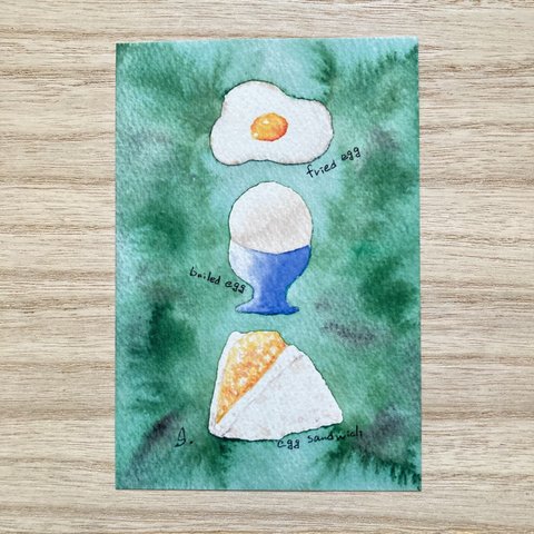 🍳透明水彩画「たまご屋さん」北欧イラストポストカード 2枚セット　卵　玉子　目玉焼き　ゆでたまご　たまごサンドイッチ🍳