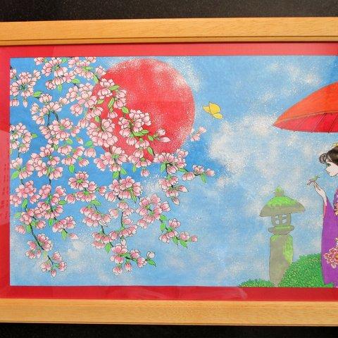 桜の花　と　着物美人　絵画