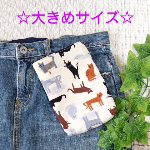 ※大きめ※スマホが入る 移動ポケット タテ 縦型 ふた無し 生成 ねこねこフリーダム × 茶色 大人にも スマホポーチ