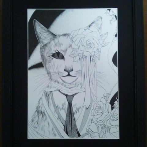 【送料込】モノクロ手描きイラスト　Cat.1