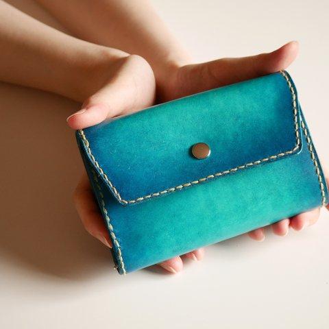 【手縫い】シンプル三つ折り財布　ヌメ革　青　ブルー　【海の色】