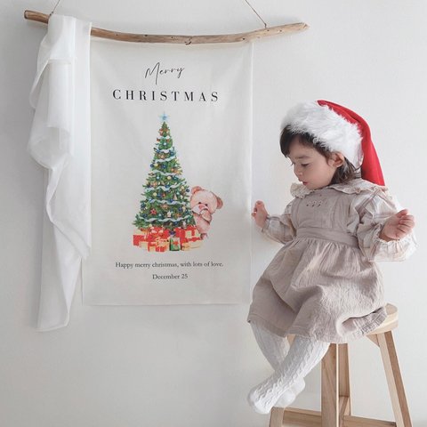 早割　くまさんとツリー　クリスマスタペストリー　Christmas tapestry コットンリネン　バースデータペストリー