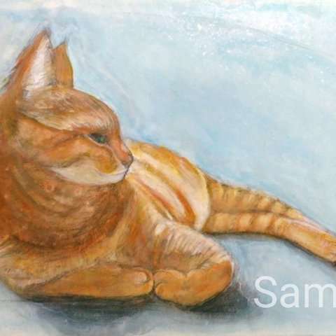 Lying Tiger Cat 横たわる猫　真作　アクリル、色鉛筆絵画　