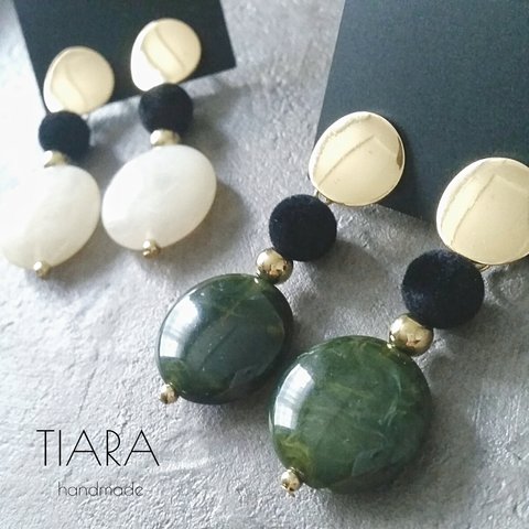 【3color】metal cabochon♡marble coin pierce