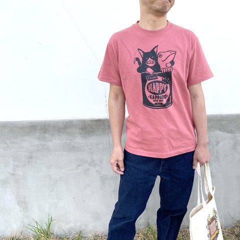 猫とカエルのTシャツ（ヘイジーピンク）【L】男女兼用