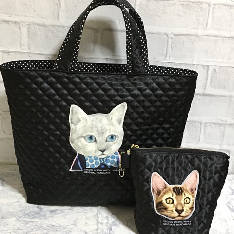 サテンキルトバックとポーチ猫さん