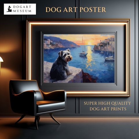 【地中海の海沿いの町 - シュナウザー犬 No.3】A2アートポスター 犬の絵 犬の絵画 犬のイラスト