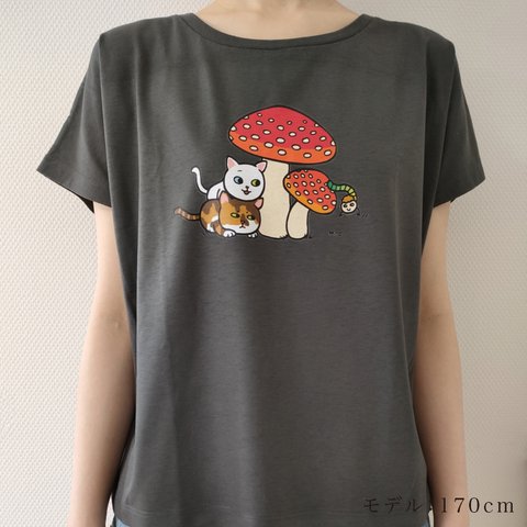 ねこのミケ・タマ＆きのこ　おしゃれウィメンズドルマンTシャツ　チャコール