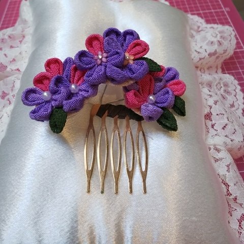 つまみ細工のヘアコーム 紫陽花