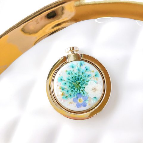 【再販】煌めきturquoise blue flower　スマホリングボルダー　ドライフラワー　花　レジン　ターコイズブルー