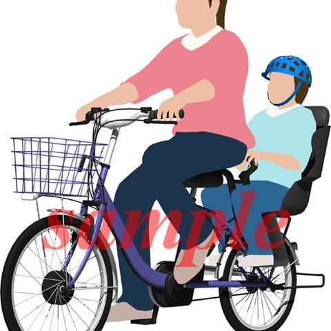 サイクリングする母親と子供「電動自転車」の背景透明イラスト002