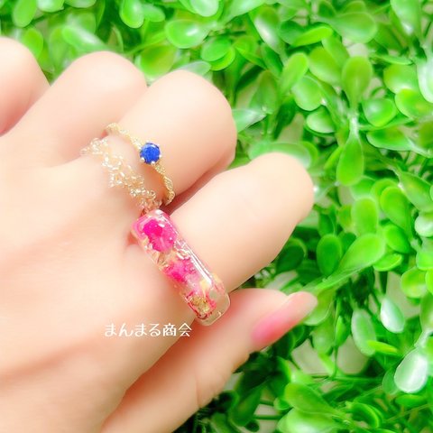 SALE🉐レッド【うるリング】赤／薔薇／ドライフラワー／ホログラム／クリア／レジン／花／11号／12号／ボタニカル