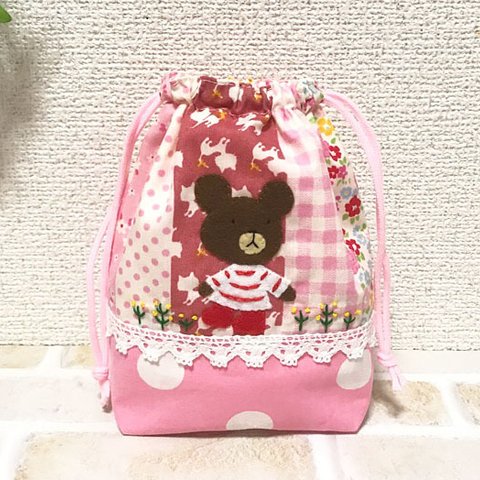 👗ワンピースくまのコップ袋♪ピンクフラワーチェック猫