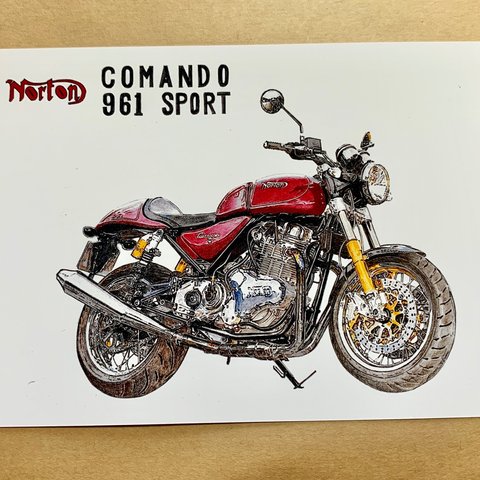 021. オートバイ 色鉛筆画  A3サイズ Norton COMANDO961 SPORT  Mortorcycle 