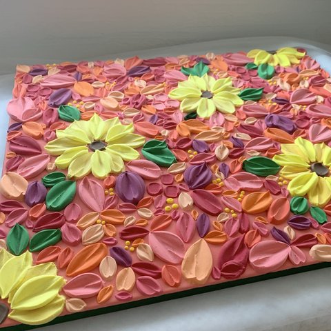 40×50cm Flowerart  テクスチャーアート　現代アート　アートパネル　textureart インテリア　花　絵画　向日葵