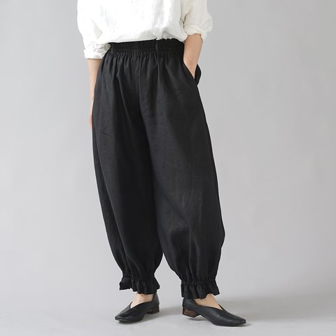 【wafu】裾ギュンリネンパンツ 裾がすぼまってるパンツ 男女兼用 やや薄地/ブラック b006f-bck1
