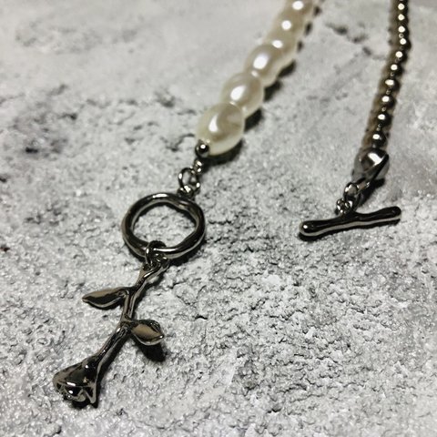 GL【405】ball chain / rose necklace