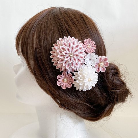 【ローズピンク】ダリアと小花のUピンセット　つまみ細工　髪飾り　#87