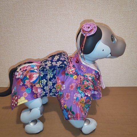aibo アイボ 振袖風 ハンドメイド服 頭飾り付き 紫