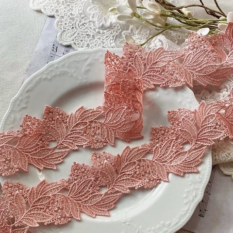 1m 綺麗 ガマズミの赤い果実&葉 ケミカルレース ブレード コーラルレッド BK220708 ハンドメイド 手芸 素材