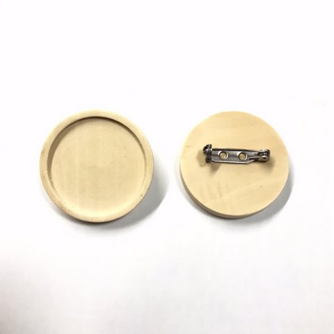 【内径30mm   3個セット】ウッド 木製 デコ用 ミール皿つきブローチ  ストッパーつき安全ピン