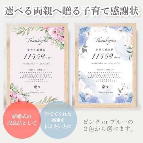 期間限定価格！両親へ贈る子育て感謝状♡︎選べる２色！ピンクorブルーの水彩花柄/結婚式記念品/両親プレゼント/サプライズ/両親贈呈品