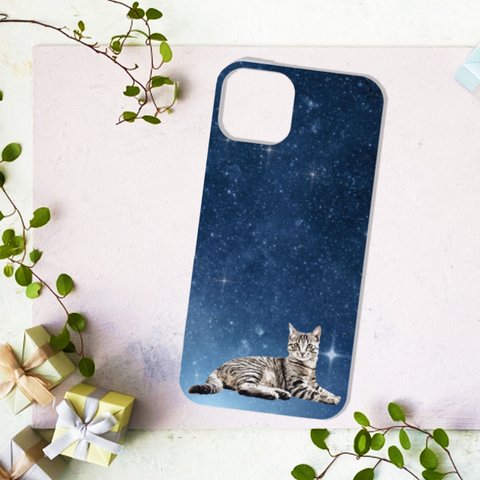 キジトラ 猫 の 宇宙柄 スマホケース / ほぼ全機種対応！ iPhone Android iPhone Xperia Galaxy HUAWEI AQUOS