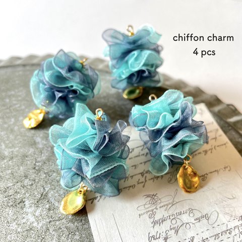 4pcs★charm・chiffon grayishblue×emerald（シフォンチャーム）