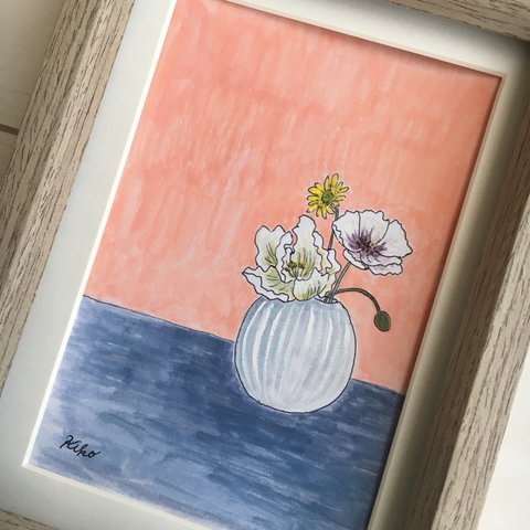 イラスト原画／額縁付き  ピンクの壁と花器と花