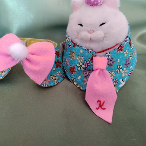 お得な２枚組セット😸撮影用和柄首輪(ピンクのリボン🎀とネクタイ👔)