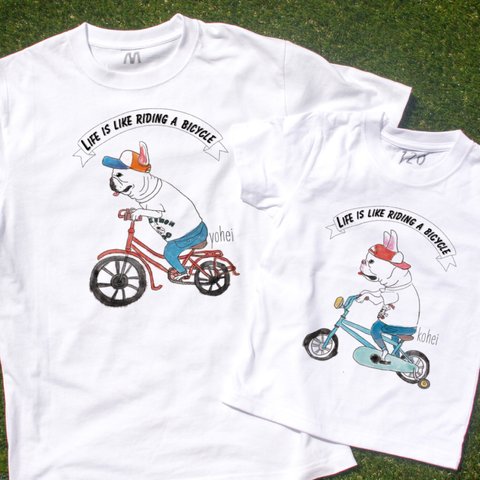 【名前入り】親子コーデ2枚セット　フレンチブルドッグTシャツ　自転車　お出かけ T　サイクリング　リンクコーデ