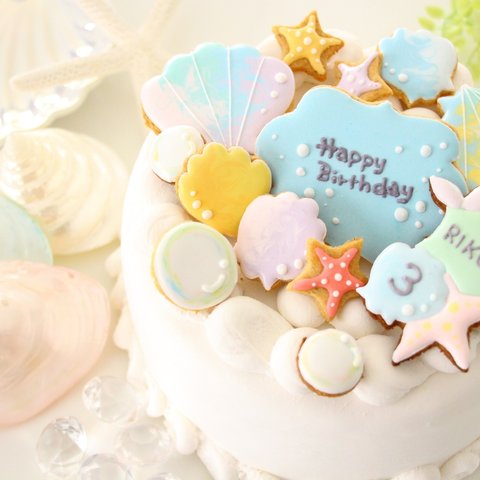 アイシングクッキー　マーメイド　☆彡　女の子　誕生日ケーキ　グラデーション　パステルカラー　飾り　デコレーション　バースデーケーキ　人魚　海　マリン　サプライズ